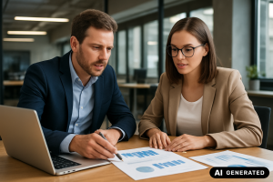 Fraunhofer-Logo auf einer Präsentationsfläche, Team arbeitet an einer Taskforce-Entscheidungsrunde im Büro, schnellere Abläufe