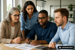 Team tauscht sich an einer Projektwand aus, Zieltafel zu Produkt statt Funktionen, cross-funktionale Teams in Lean-Kontext