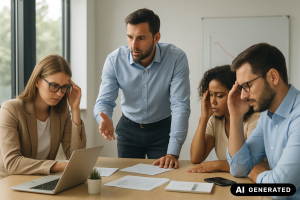 Auf einem Schreibtisch liegen Notizen und ein Kalender, daneben ein Laptop, der auf Burnout-Prävention und Workload-Steuerung hinweist