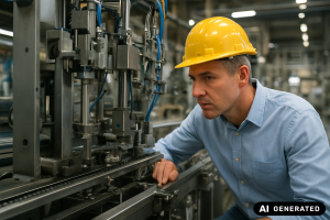 Schichtweise markierte Montageanlage mit Arbeitern in Bewegung und Förderband, Fokus auf Tempo und Lean-Umsetzung (Slow Speed)