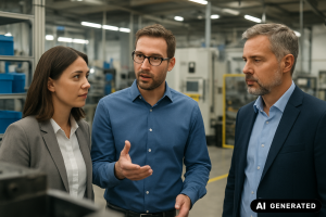 Mitarbeitende bei einem Betriebsrundgang im Produktionsbereich, beobachten Abläufe und notieren Hinweise für Gemba Walks – Neugier statt Kritik